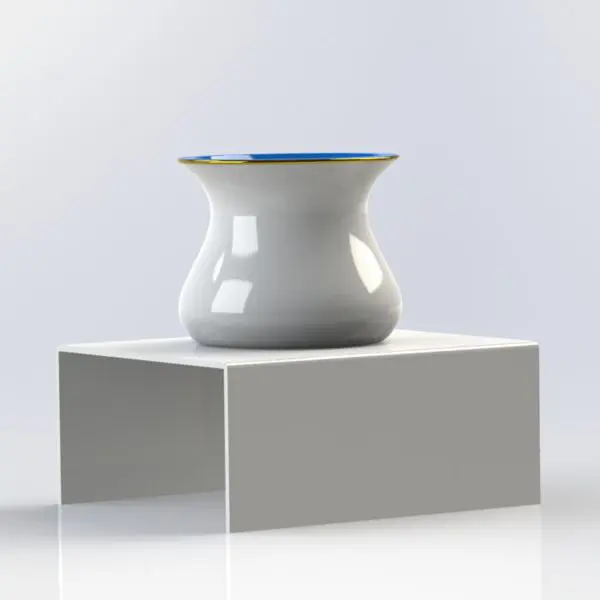Glossy white acrylic riser elevating a ceramic vase with a blue rim and yellow trim.