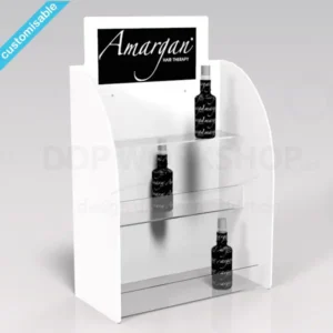 Three-tier acrylic cosmetic display stand with white side panels and clear shelves, showcasing black product bottles with branding.