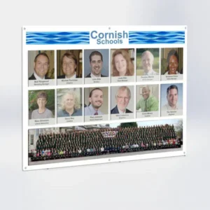 Wall-mounted staff board for Cornish Schools with individual staff photos in clear acrylic pockets and a full team group photo at the bottom.
