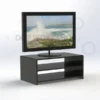 Modern black acrylic TV plinth with two integrated storage shelves, supporting a flat-screen TV.