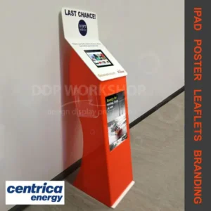 Freestanding acrylic iPad display stand with poster slot and side leaflet holders, branded for Centrica Energy.