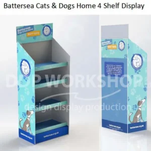 Cardboard floor-standing toy display with four shelves and bright Battersea Cats & Dogs Home branding in blue tones with paw print graphics.