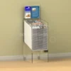 Transparent acrylic dump bin holding tabloid newspapers with integrated leaflet holder header board