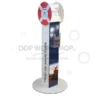 Tall freestanding charity donation box with integrated leaflet pocket and round base, featuring Lifeboat branding.