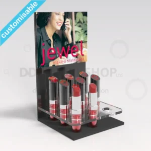 Compact black acrylic lipstick display stand with a clear graphic holder and 8 lipsticks.