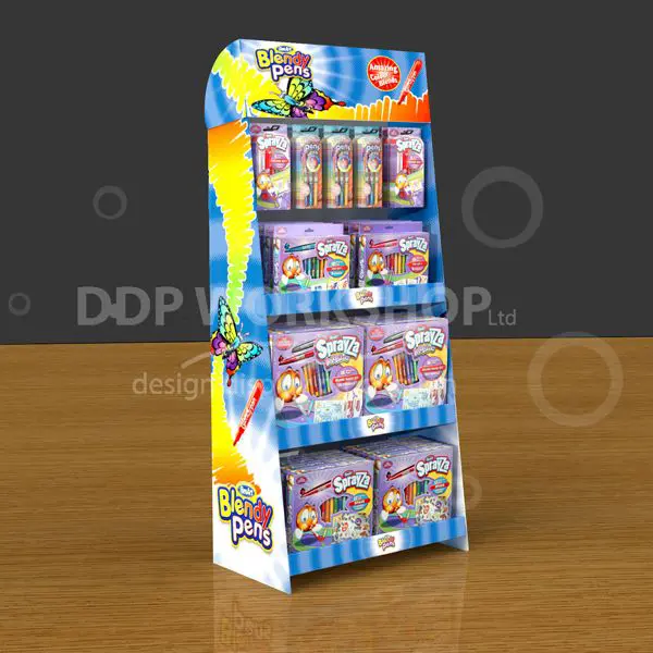 Colourful branded cardboard floor display featuring pegboard hooks and shelf storage, used to showcase children’s art kits and pens.