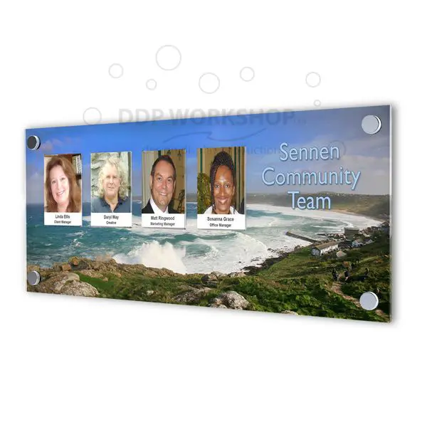 Clear acrylic community picture board with printed back panel and 4-image layout, wall mounted with satin silver fixings
