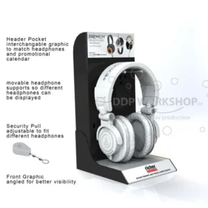 Clear acrylic countertop headphone stand with branding, designed for retail product display.