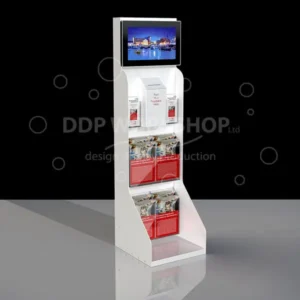 White freestanding digital display stand with a screen, literature holders, and a built-in collection box.