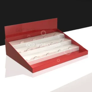 Red and white acrylic 4-tier countertop display stand with shelf risers
