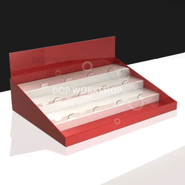 Red and white acrylic 4-tier countertop display stand with shelf risers