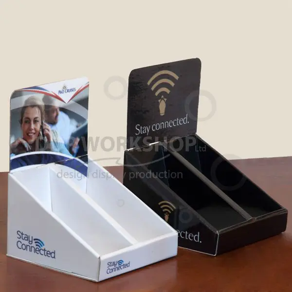 Two compact, branded cardboard display stands with headers reading “Stay Connected,” designed for holding small-format leaflets or promotional cards.