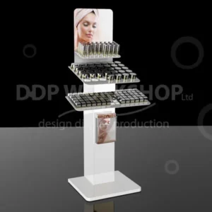 Freestanding three-tier acrylic cosmetic display stand featuring makeup products, promotional header graphic, and integrated brochure holder.