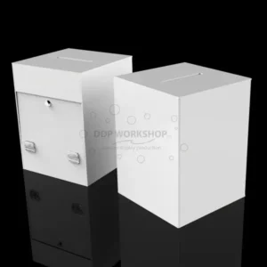 White acrylic ballot boxes with a top slot and rear lockable access panel, ideal for secure collection of feedback, donations, or contest entries.
