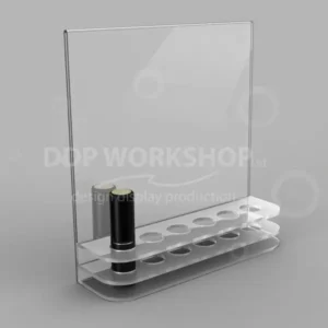 Clear acrylic lipstick display stand with ten circular slots and a vertical back panel for graphic insertion, holding two black lipsticks.