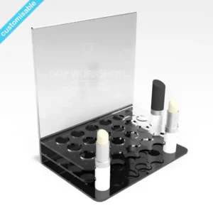 Black acrylic lipstick display stand with six product slots and a clear graphic header.