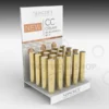 White acrylic mascara counter display stand with gold cylindrical tubes and branded graphic header.