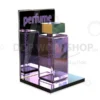 Compact perfume display with black acrylic base, mirrored top, and A6 header frame.