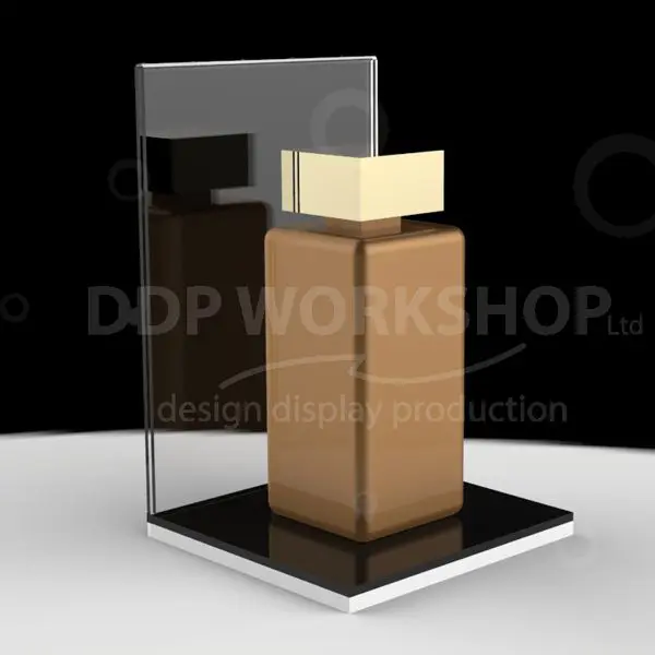 Compact acrylic perfume display with A6 graphic header and black base