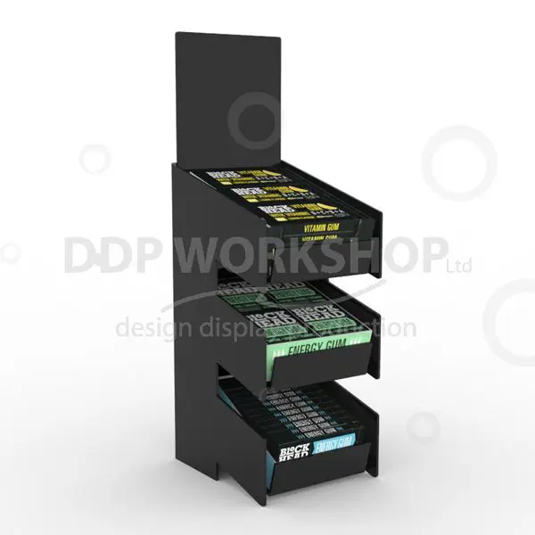Three-tier black acrylic confectionery display stand with vitamin and energy gum packs