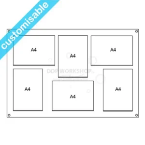 Customisable DDP Workshop Flash Board with 6 A4 pockets in portrait and landscape orientation, wall mounted with satin silver fixings