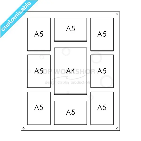 Customisable acrylic photo display board with a layout of A4 and A5 pockets in a portrait orientation.