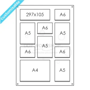 Customisable acrylic display board featuring a mix of A4, A5, A6, and 297x105mm pockets in a portrait format.