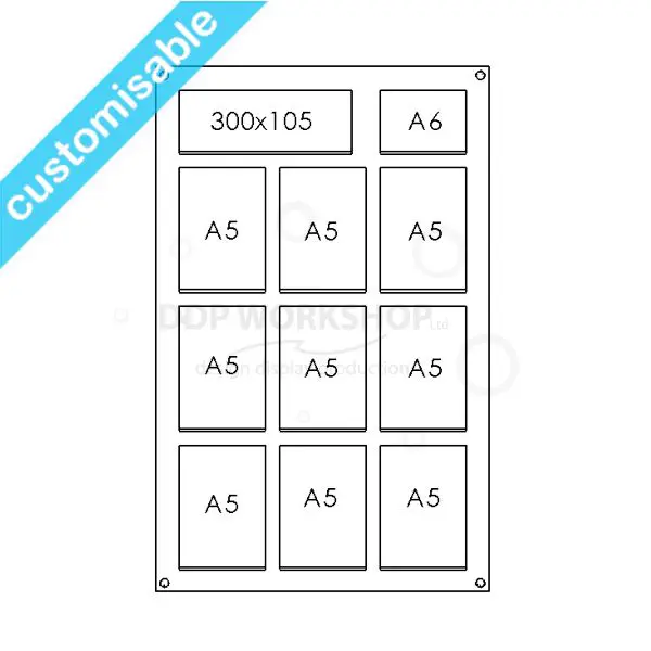 Customisable vertical acrylic display board with 9 A5, 1 A6, and 1 wide landscape pocket layout.