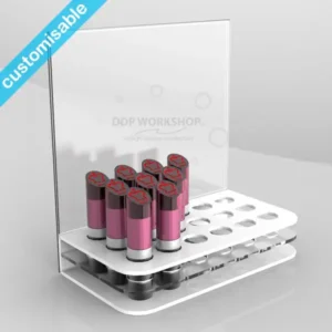 Compact acrylic lipstick display stand holding 18 lipsticks with clear graphic header panel.