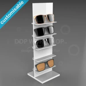 A white acrylic tabletop display rack with five shelves, each showcasing a pair of sunglasses in varying styles.