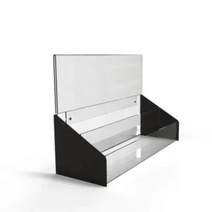 Clear acrylic 2-tier card display with black side panels and a removable clear header, designed for countertop use.