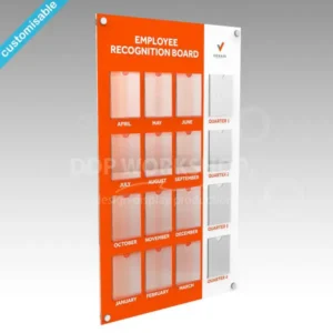 Employee Recognition Display Board with 12 clear acrylic portrait pockets for monthly winners and 4 additional pockets for quarterly achievers, featuring custom branding and wall-mounted design.