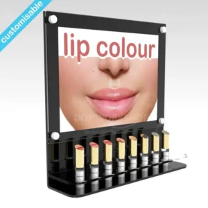 Wall-mounted lipstick display with A4 landscape header and space for 8 lipsticks, mounted on a black acrylic panel.