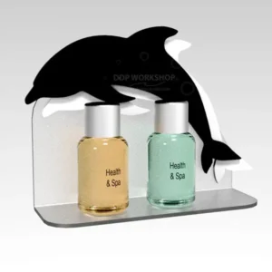 Wall-mounted frosted acrylic toiletries tray with decorative black and white dolphin silhouette