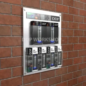 Wall-mounted leaflet display board on brick wall holding multiple brochures in clear holders, including 1/3 A4 and A5 sizes.