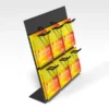 Angled countertop eurohook display stand with six slots holding yellow and orange Stirling gift cards.