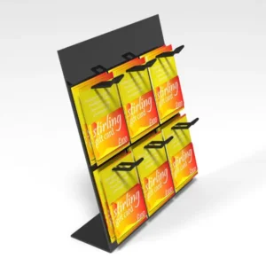 Angled countertop eurohook display stand with six slots holding yellow and orange Stirling gift cards.