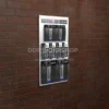 Wall-mounted combination leaflet display board with multiple acrylic holders for 1/3 A4, A5, and A4 brochures on a brick wall.