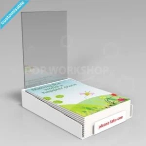 Customisable acrylic magazine holder with a stack of colorful magazines and an A4 clear header pocket displaying promotional graphics.