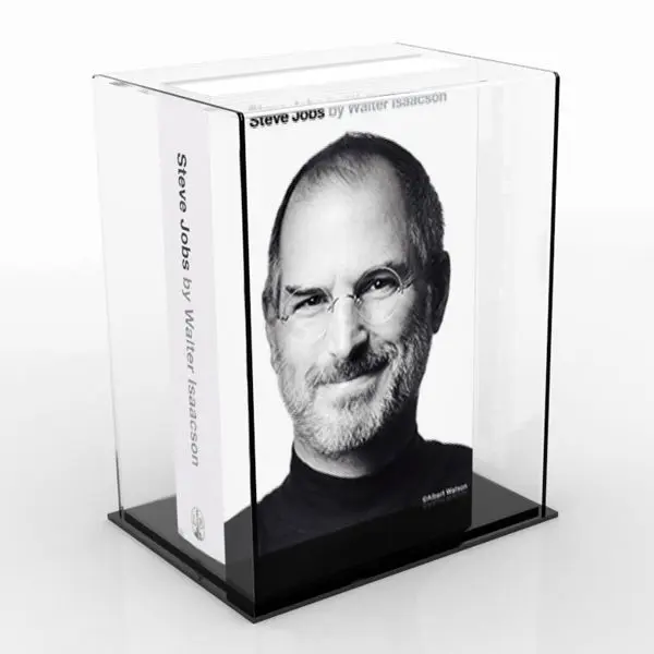 Clear acrylic display case housing a book with black base, designed for protection and presentation.
