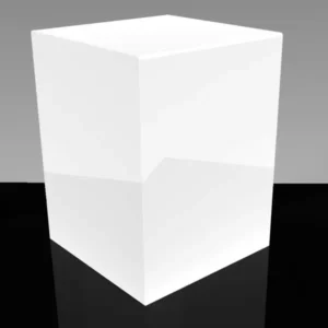 Minimalist white acrylic display plinth pedestal on a dark reflective surface.