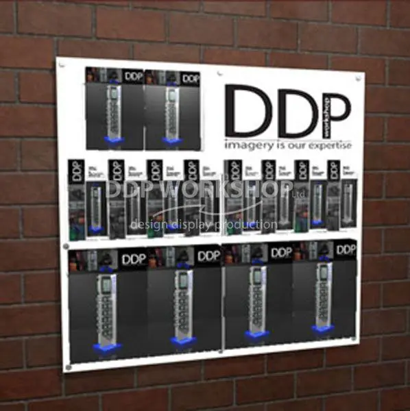 Wall-mounted leaflet display board with DDP branding, holding a mix of 1/3 A4, A5, and A4 brochure holders on a brick wall.