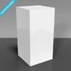 Minimalist white acrylic display plinth pedestal on a dark reflective surface.