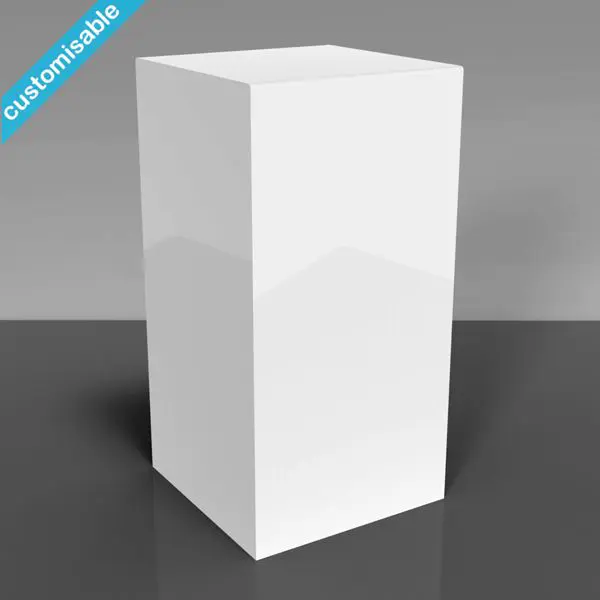 Minimalist white acrylic display plinth pedestal on a dark reflective surface.