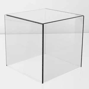 Clear acrylic cube display case on a white reflective surface, with clean edges and open top.