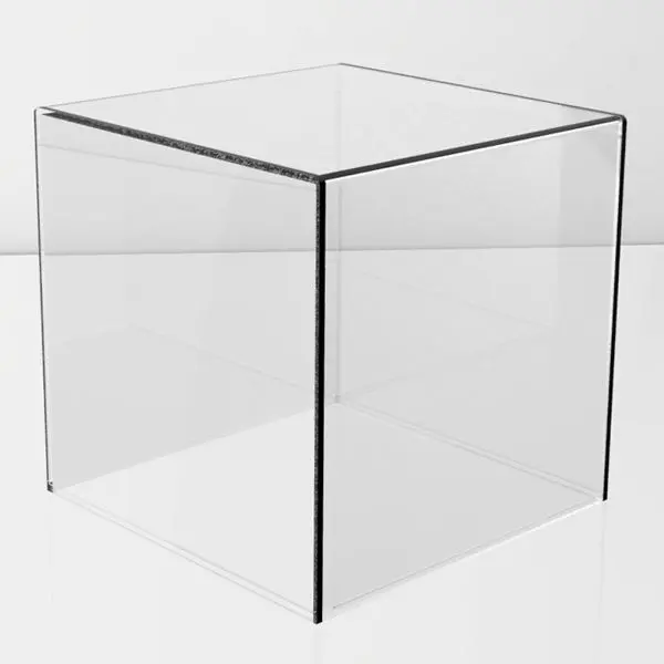 Clear acrylic cube display case on a white reflective surface, with clean edges and open top.