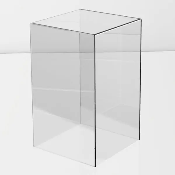 Clear acrylic cube display case on a white reflective surface, with clean edges and open top.
