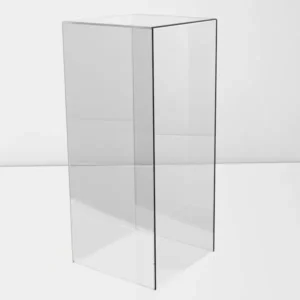 Clear acrylic cube display case on a white reflective surface, with clean edges and open top.