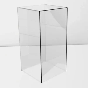 Clear acrylic cube display case on a white reflective surface, with clean edges and open top.