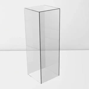 Clear acrylic cube display case on a white reflective surface, with clean edges and open top.